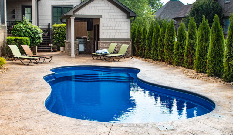 The Eclipse fiberglass pool with pool house and lounge seating on splash deck in Sapphire Blue That brings the Eclipse to a full 19-gallery set. Ready for the next model.