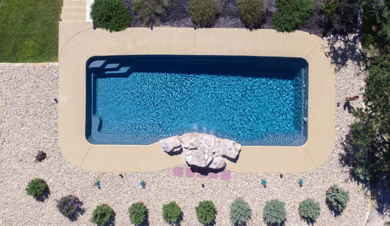The Moroccan fiberglass pool overhead view showing three corner seating areas in Sapphire Blue