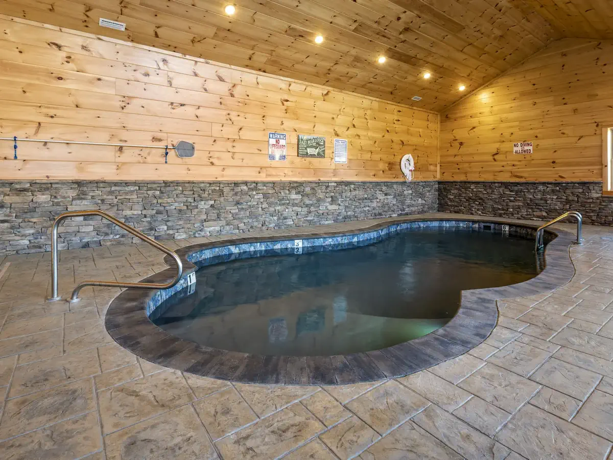 This indoor fiberglass pool installation near Pigeon Forge, Tennessee stands out as a true masterpiece. 