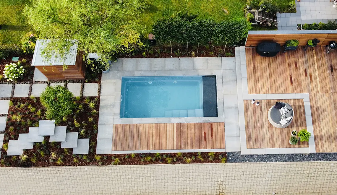 Leisure Pools Cube model fiberglass pool ariel shot.