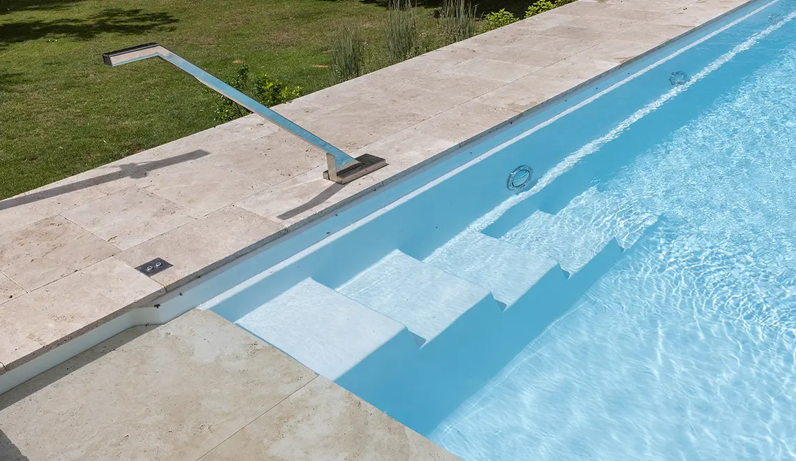 Leisure Pools Cude model entry steps detail shot.