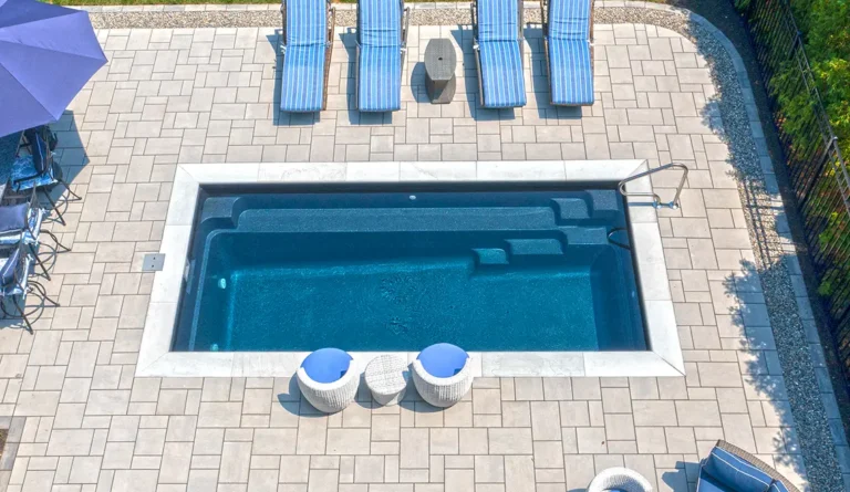 Leisure Pools 20' Harmony model in Ebony Blue full side angle shot.