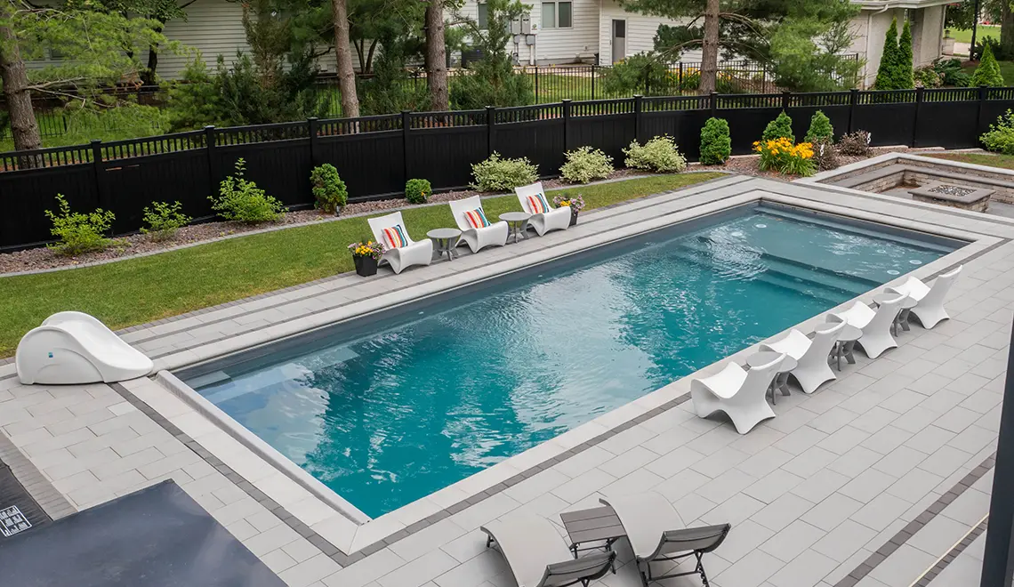 Leisure Pools Pinnacle large precast swimming pool with built-in splash deck