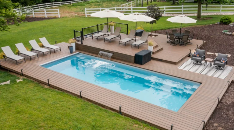 The Reflection rectangular fiberglass pool in Sapphire Blue