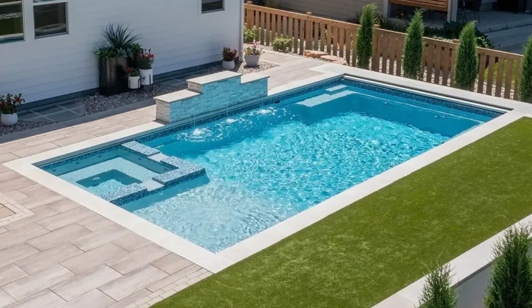 Leisure Pools Ultimate fiberglass swimming pool with built-in spa