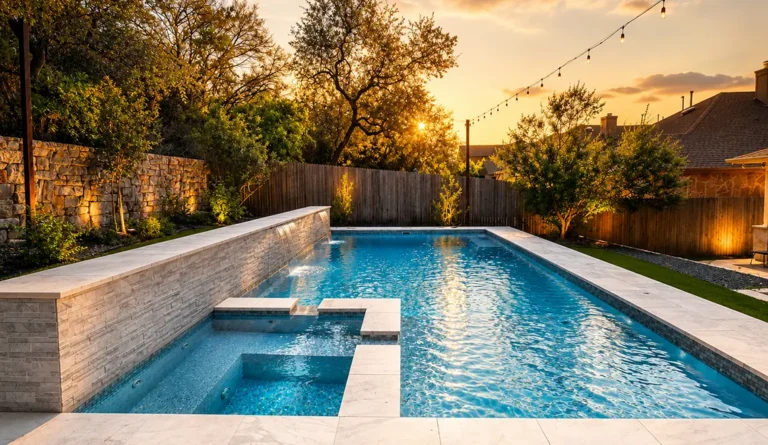 Leisure Pools Ultimate 30-foot fiberglass inground pool with built-in spa and splash deck