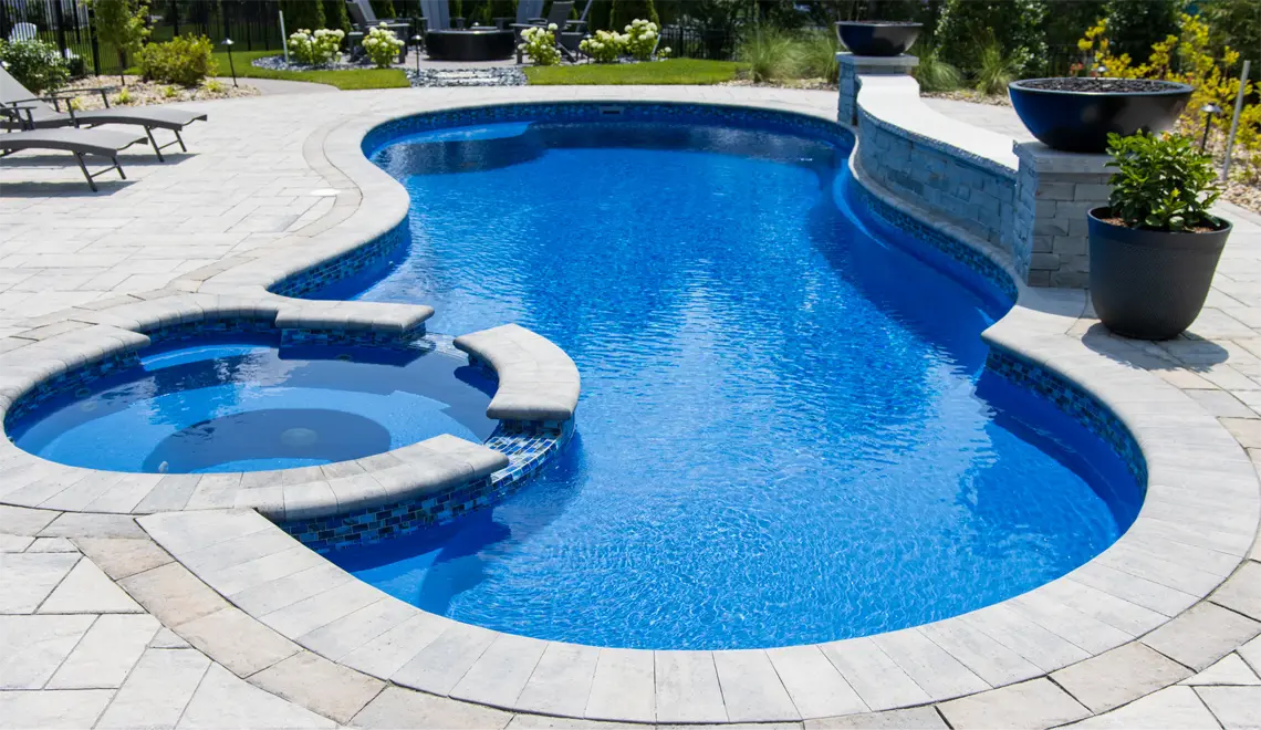 Leisure Pools Eclipse Fiberglass Best Swimming Pool Freeform shape view.