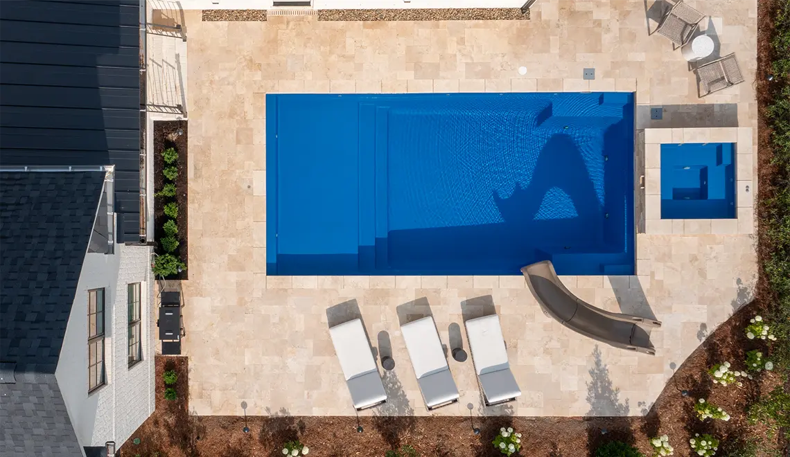 Leisure Pools Pinnacle Fiberglass Best Swimming Pool overhead rectangular shape.