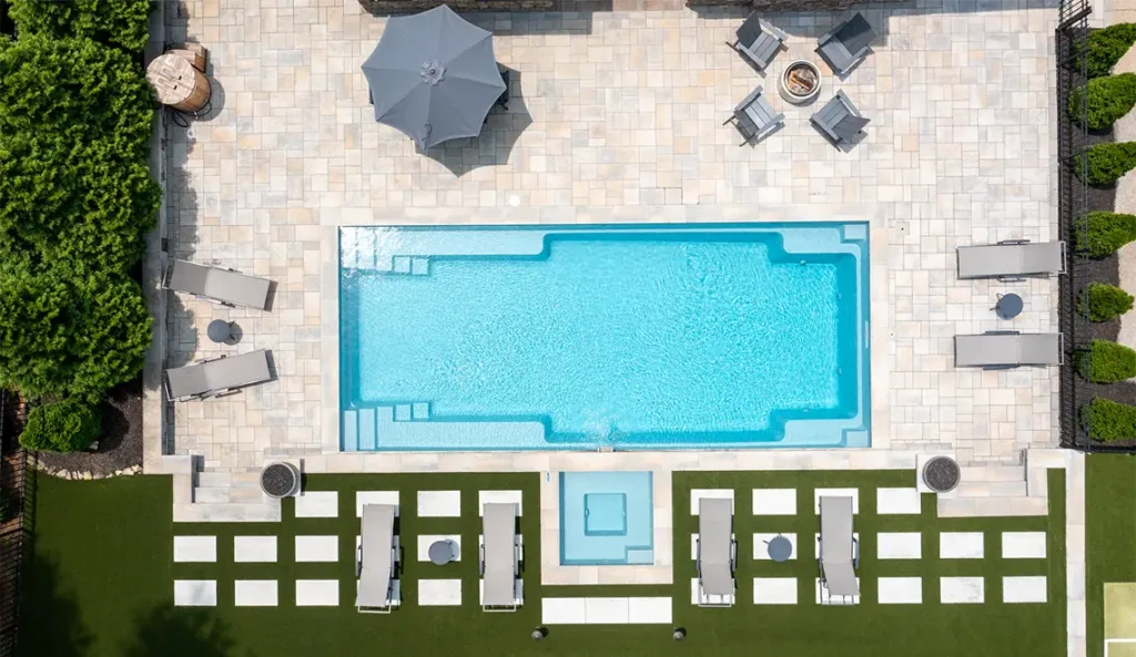Leisure Pools Supreme fiberglass pool overhead view showing rectangular shape