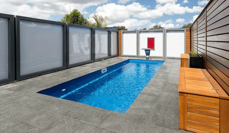 The Esprit fiberglass pool with modern rendered fence and grey patio surround