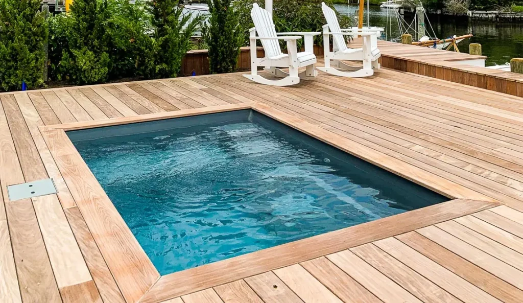 Leisure Pools Fiji Plunge fiberglass plunge pool with timber deck surround