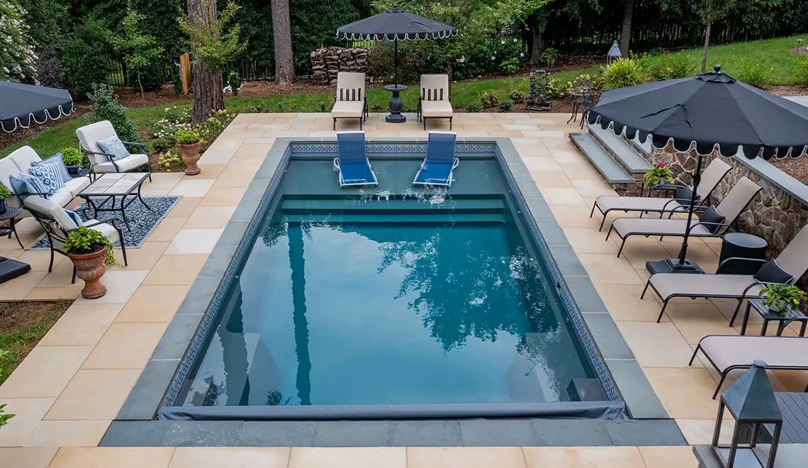 Leisure Pools Summit Rectangle Fiberglass Swimming Pool deep end