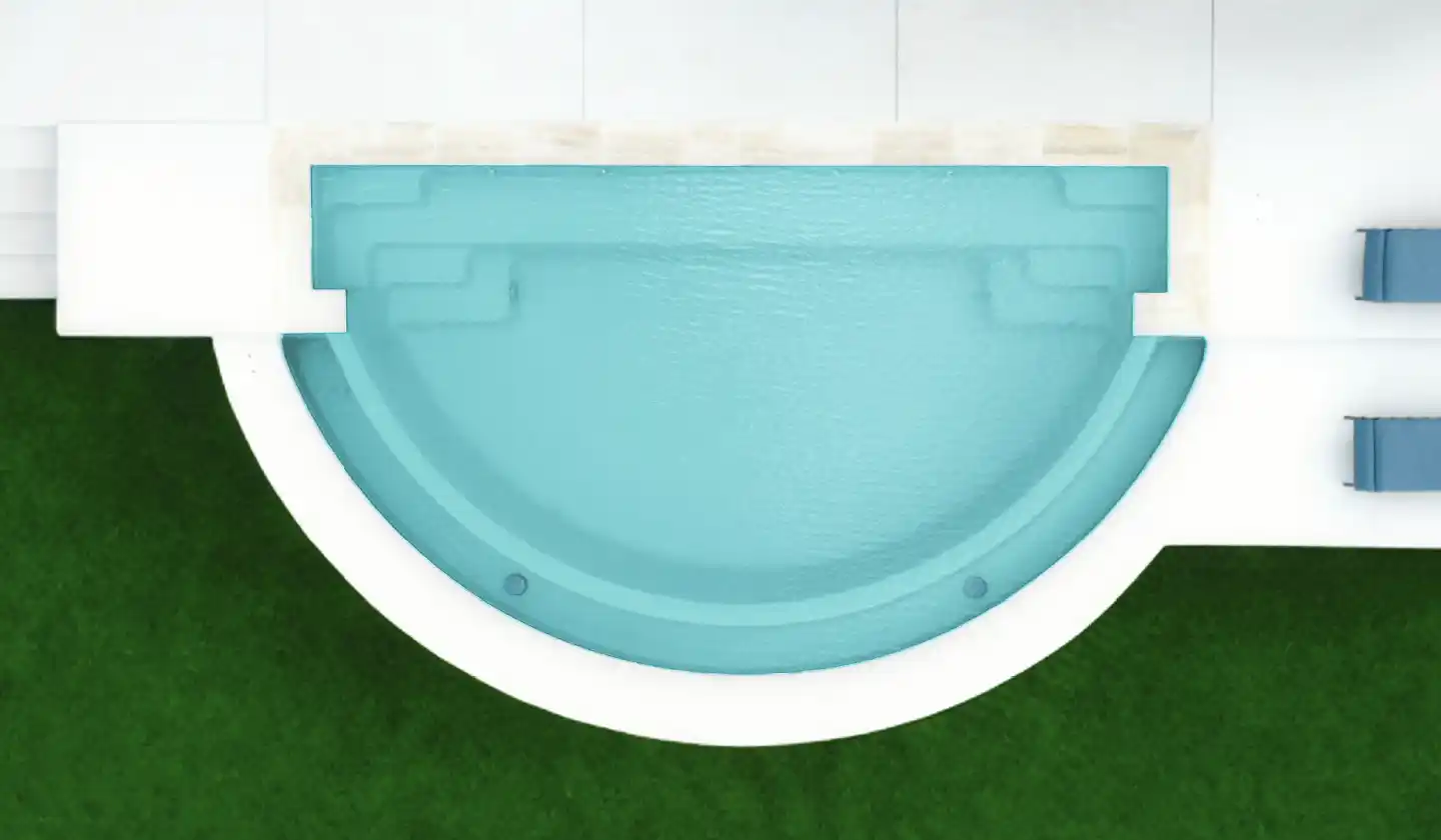 Color preview of The Horizon™ in Diamond Sand, showing a curved pool edge bordered by white coping and lawn.