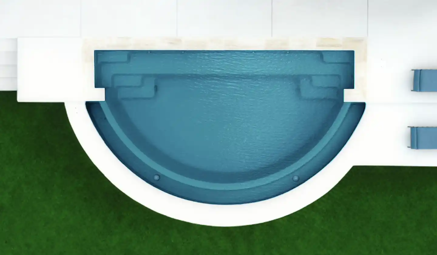 Overhead view of The Horizon™ in Ebony Blue, showing a half-moon shape with submerged bench seating and entry steps.
