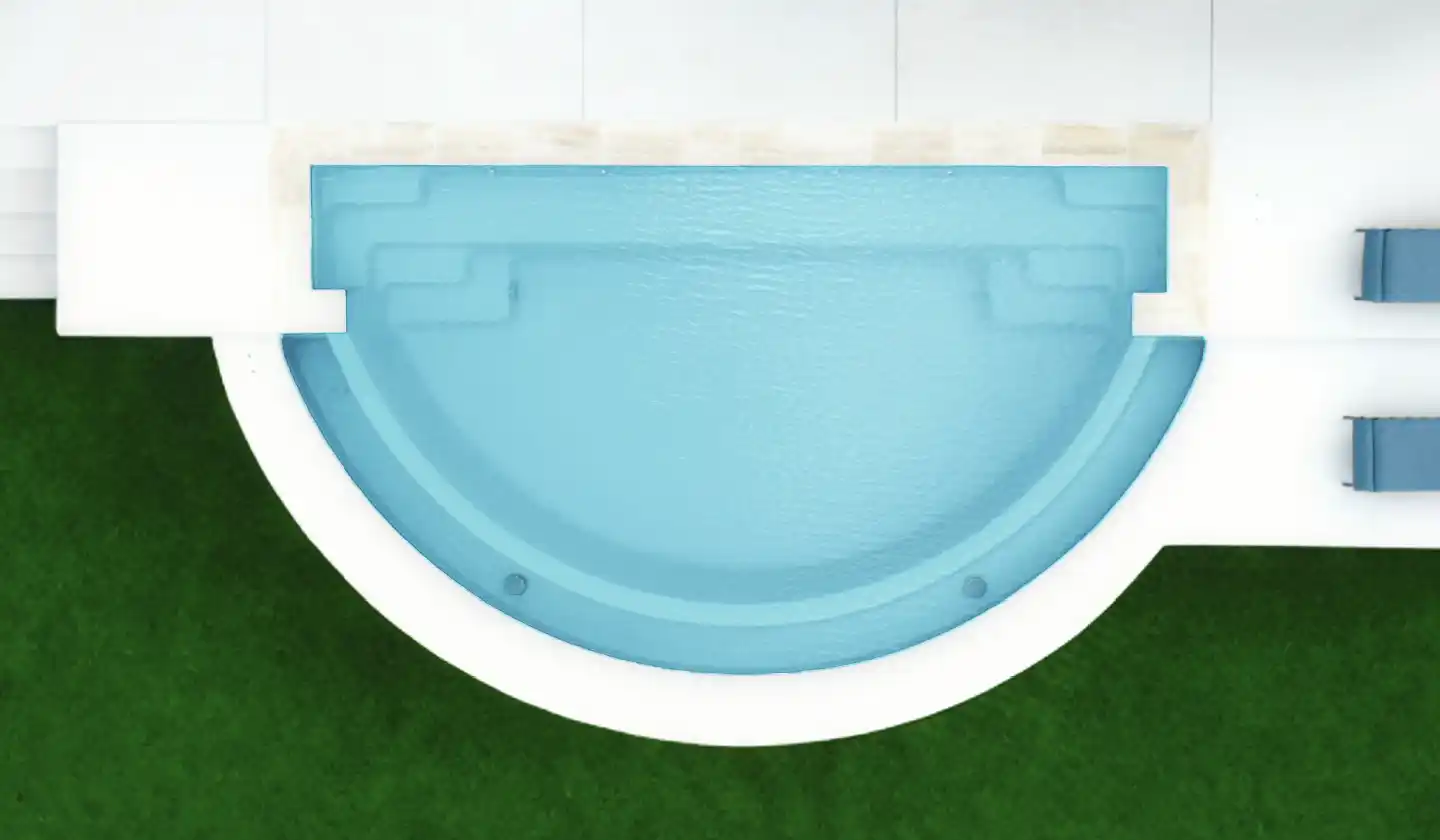 The Horizon™ in Shimmer Sky, a fiberglass pool with a half-moon swimming space framed by a curved outer basin.