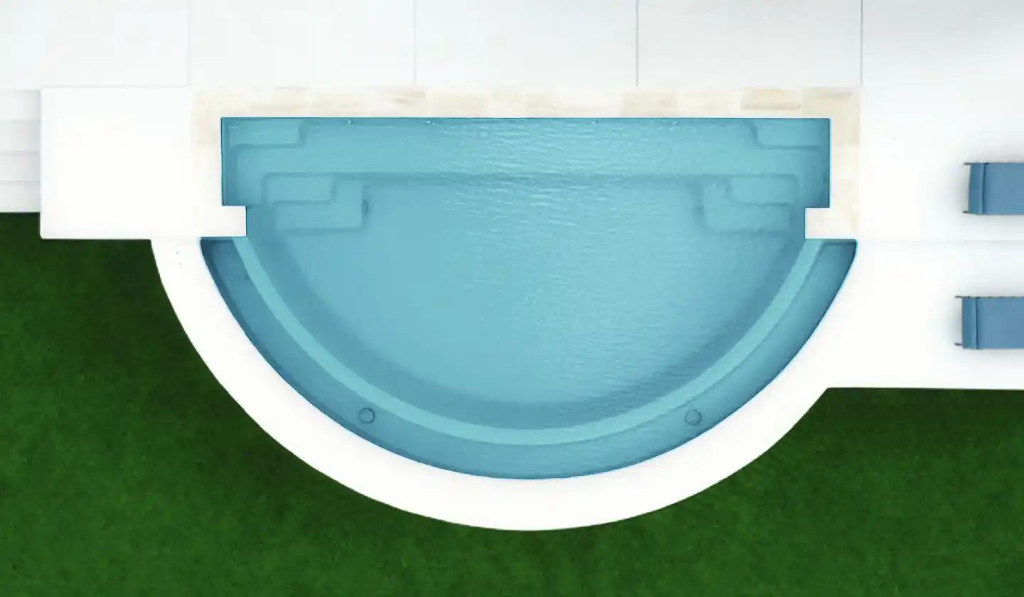 The Horizon™ shown in Silver Grey, featuring a curved infinity edge and built-in underwater benches.