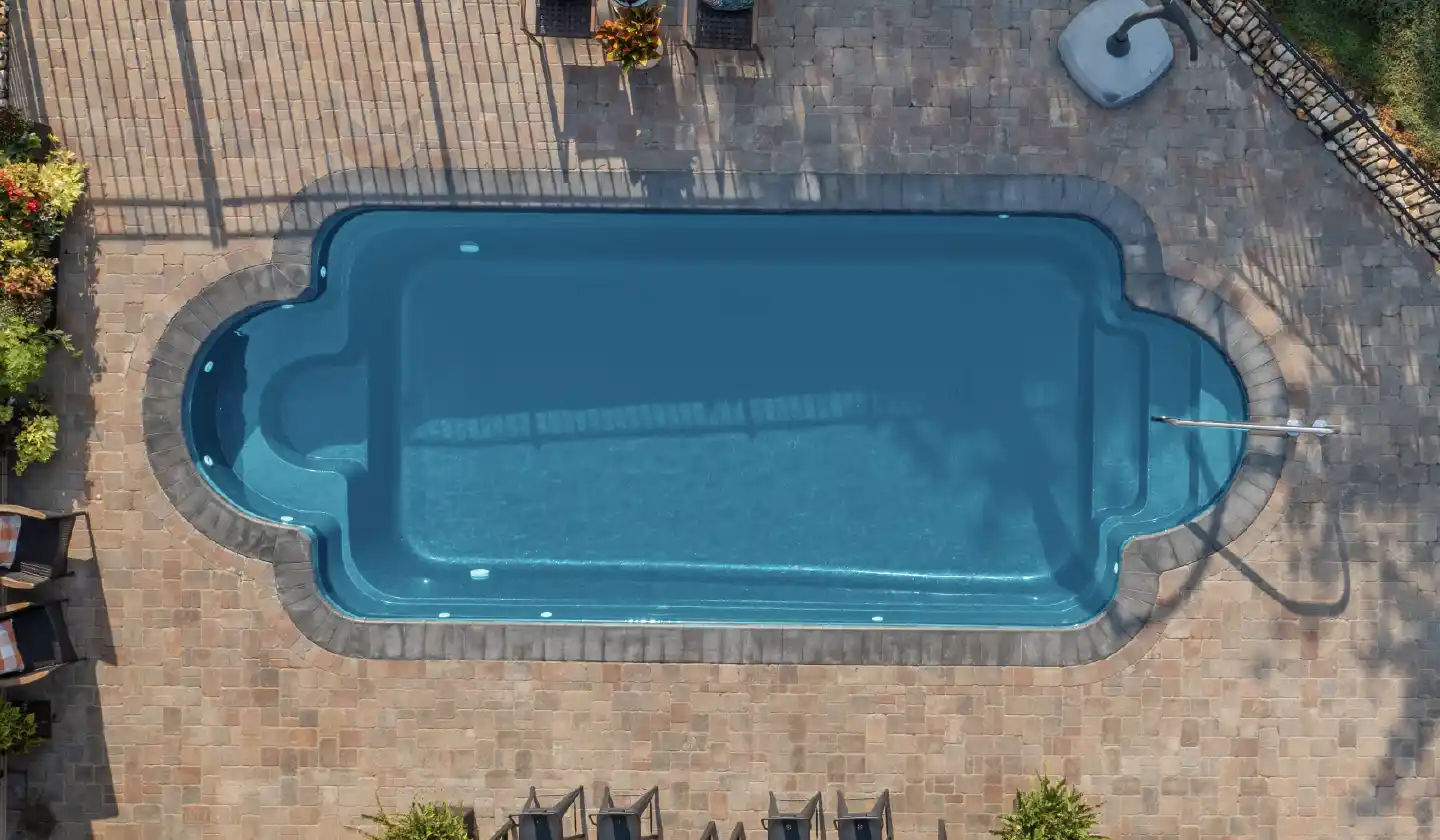 Color preview of The Roman™ in Aquamarine, showing classical rounded ends, entry steps and built-in bench seating.