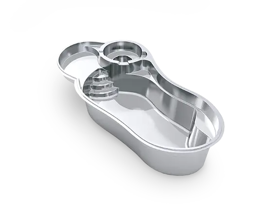 3D view of The Allure™ 30, a freeform fiberglass pool with a round built-in spa, integrated splash deck and curved entry steps.