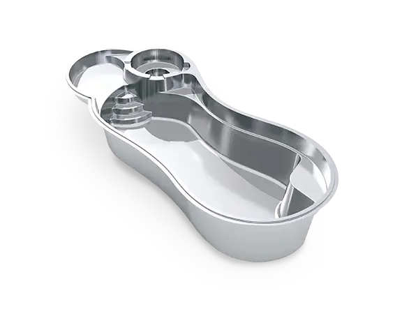 The Allure™ 35 rendered in 3D, showing a spillover spa beside the splash deck and a flowing fiberglass swim area with a deep-end bench.