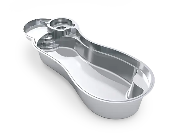 Angled 3D rendering of The Allure™ 40 fiberglass pool, with an integrated round spa, shallow lounging deck and curving swim corridor.