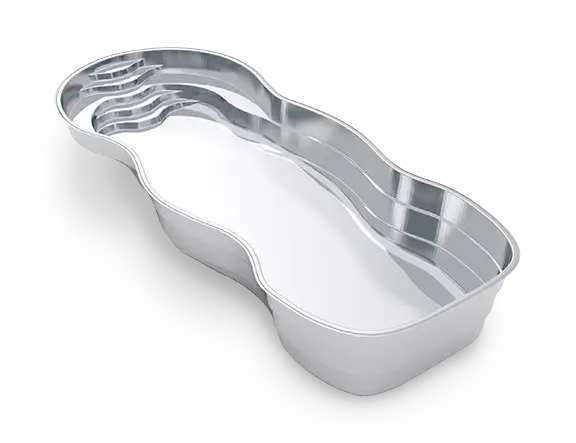 leisure-pools-silver-render-caribbean-40 3D model of The Caribbean™ 40 fiberglass pool, showing its flowing freeform outline, wraparound bench and broad curved entry steps.