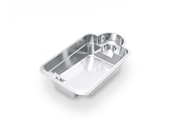3D model of The Courtyard Roman™ 20 fiberglass pool, showing its compact keyhole shape, rounded seating nook and deep-end bench.