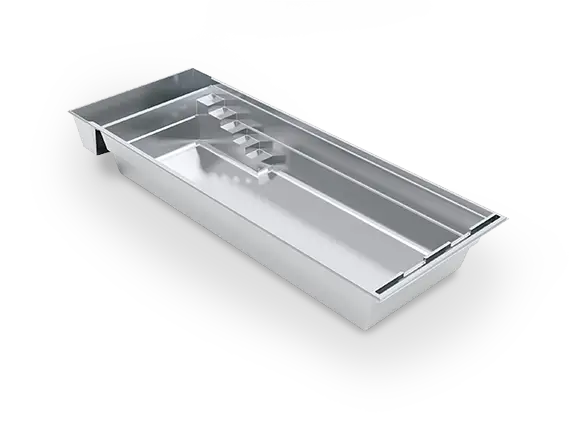 The Cube™ with Cover 35 in 3D, showing its straight-sided fiberglass shell, built-in cover compartment and stepped entry beside a bench.