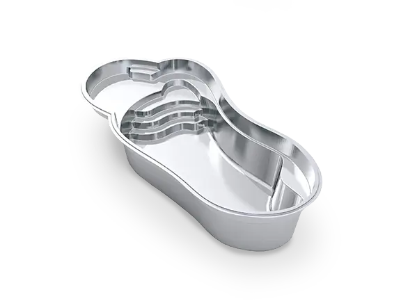 3D rendering of The Eclipse™ 30, a freeform fiberglass pool with a curved splash deck, generous entry steps and deep-end swim-out bench.