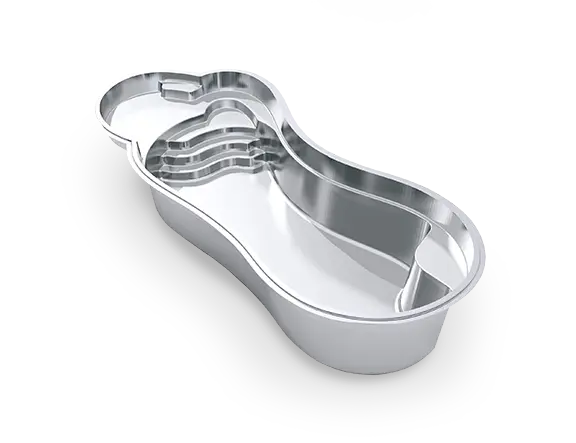 The Eclipse™ 35 in an angled 3D view, showing flowing fiberglass curves, a shallow splash deck and a recessed seating nook.