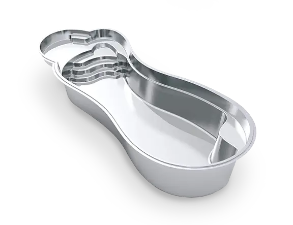 Angled 3D model of The Eclipse™ 40 fiberglass pool, with a broad curved splash deck, open swimming area and built-in swim-out seating.