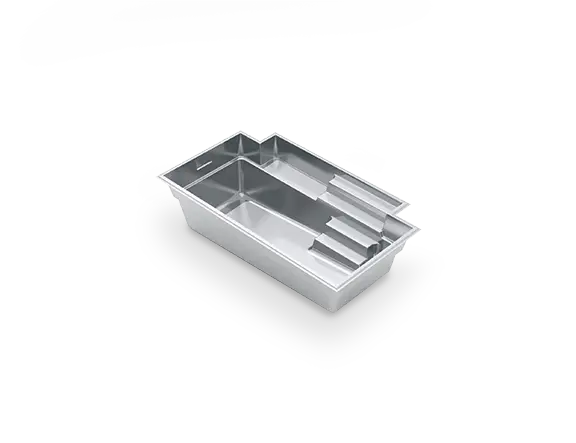 3D view of The Elegance™ 20, a rectangular fiberglass pool with an extended stepped entry, bench seating and an open swim channel.