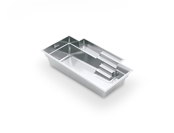 The Elegance™ 23 rendered in 3D, showing broad entry steps and a built-in seating nook beside a straight fiberglass swimming area.