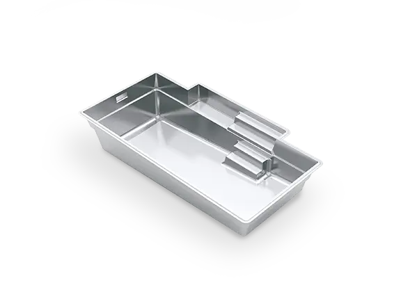 Angled 3D rendering of The Elegance™ 26 fiberglass pool, with an extended entry, side bench and end-to-end swim corridor.