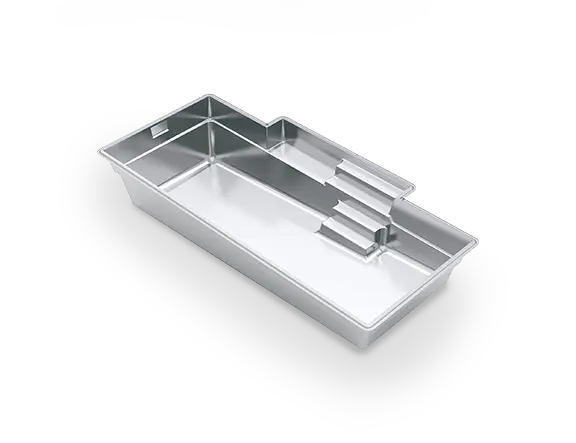 3D model of The Elegance™ 30, a rectangular fiberglass pool with wide entry steps, a recessed seating nook and a sloping floor.