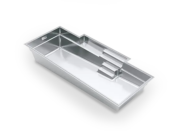 The Elegance™ 33 in an angled 3D view, showing its long rectangular swim channel, stepped side entry and integrated bench seat.