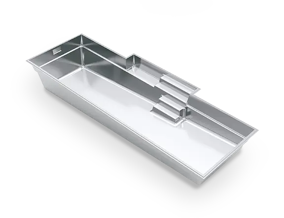 3D rendering of The Elegance™ 39 fiberglass pool, with an extended shallow-end entry, bench seating and an unobstructed swim corridor.