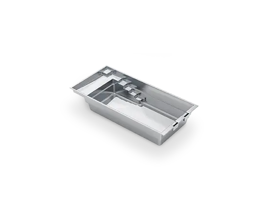 3D view of The Elite™ 26 rectangular fiberglass pool, showing a large splash deck, broad entry steps and a flat-bottom swimming area.
