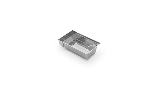 3D rendering of The Encore™ with Cover 16, a compact rectangular fiberglass pool with a flat floor, entry steps and recessed cover bay.