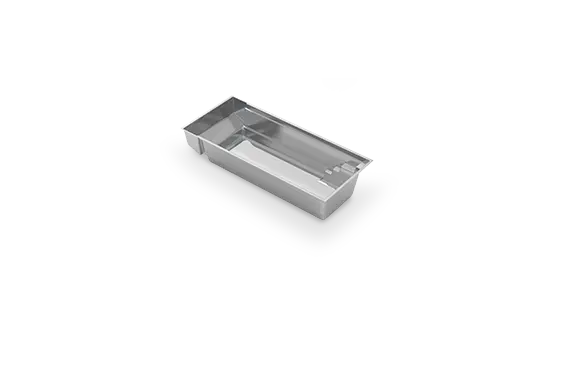 3D model of The Encore™ with Cover 23, a narrow rectangular fiberglass pool with a flat-bottom swim channel and automatic-cover recess.