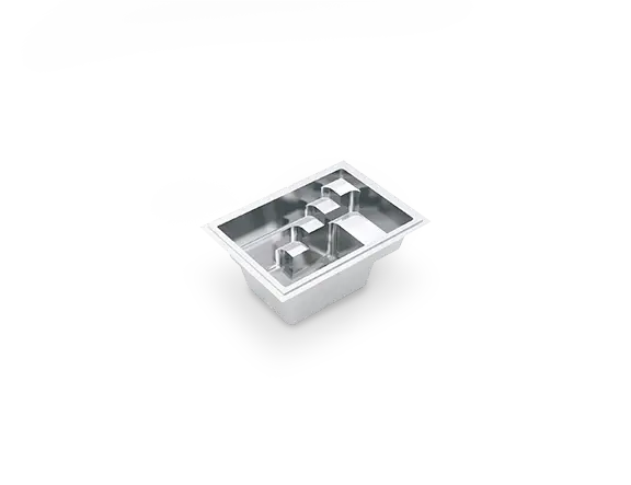 3D view of The Fiji Plunge™ 10, a compact rectangular fiberglass plunge pool with wide bench seating, entry steps and a flat floor.
