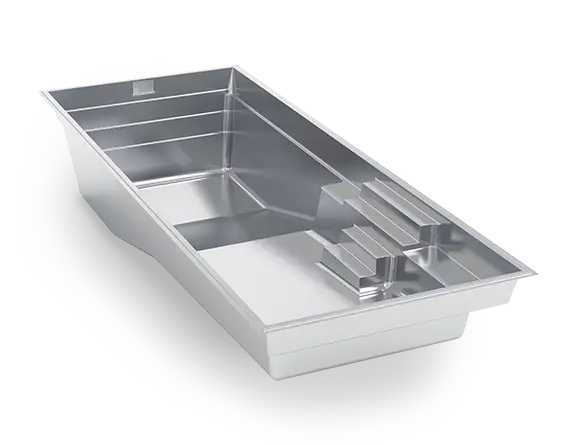 leisure-pools-silver-render-grand-40 Angled 3D view of The Grand™ 40 fiberglass pool, showing a rectangular swim corridor, side entry steps, shallow-end bench and deep end.