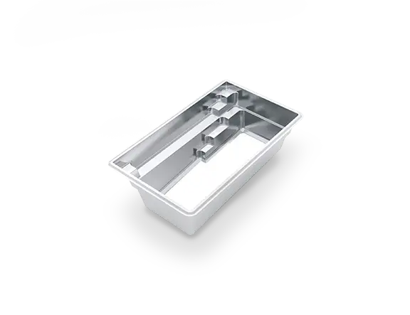 3D view of The Harmony™ 16, a narrow rectangular fiberglass pool with built-in bench seating, entry steps and an end-to-end swim channel.