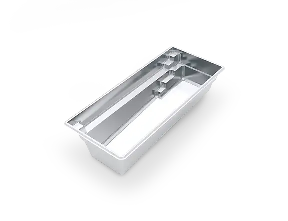 Angled 3D rendering of The Harmony™ 23 fiberglass pool, with a long swim channel, bench seating and steps at the shallow end.