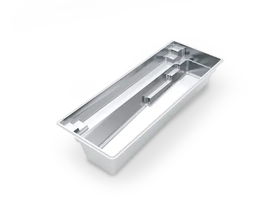 3D model of The Harmony™ 26 fiberglass pool, showing its narrow rectangular shape, integrated benches and open swimming corridor.