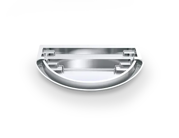 3D rendering of The Horizon™ 23, a half-moon fiberglass pool with submerged bench seating, an infinity edge and a built-in catch basin.