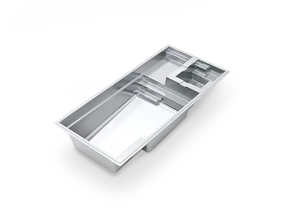 3D rendering of The Limitless™ 26, a narrow rectangular fiberglass pool with an integrated spa, splash deck and swim-out bench.