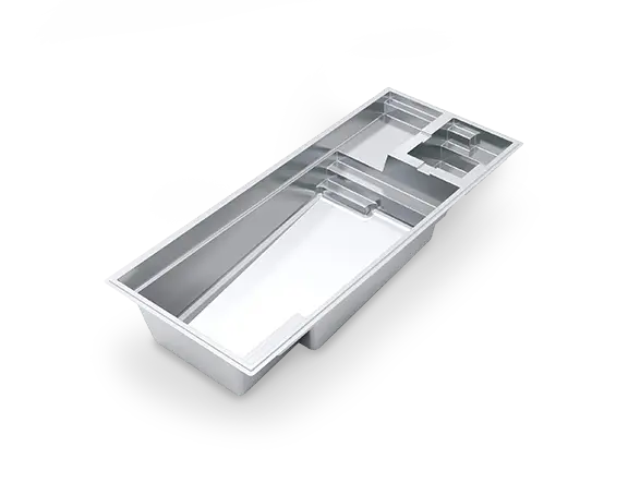 The Limitless™ 30 shown in 3D, with a built-in spa and shallow splash deck at one end of its rectangular fiberglass swim area.
