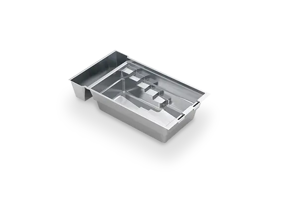 leisure-pools-silver-render-linear-20 3D model of The Linear™ with Cover 20, a narrow rectangular fiberglass pool with entry steps, a submerged bench and built-in cover bay.