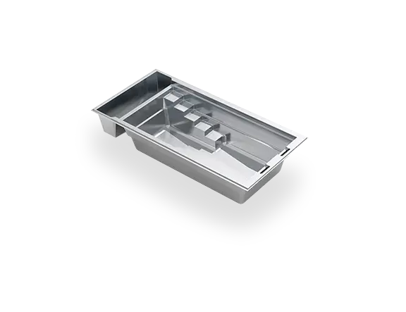 leisure-pools-silver-render-linear-23 The Linear™ with Cover 23 shown in 3D, with a flat-bottom swim area, stepped entry and recessed automatic-cover compartment.