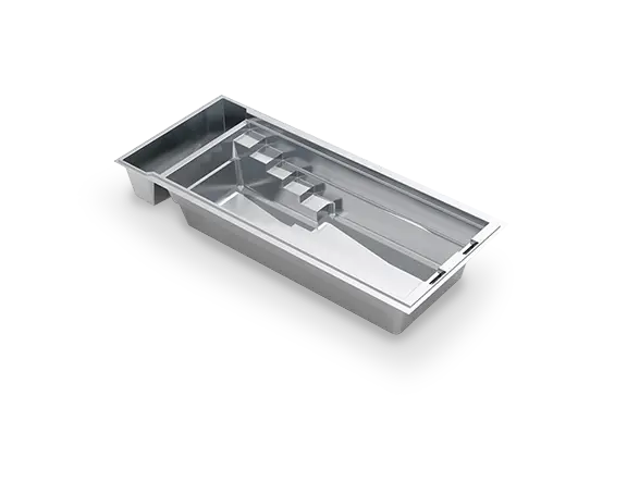 leisure-pools-silver-render-linear-26 Angled rendering of The Linear™ with Cover 26 fiberglass pool, showing its slim rectangular layout, submerged bench and cover recess.